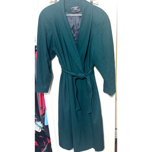 Vintage Portrait 100% Wool Coat Forest Green Sz 14 Petite Long belted FLAWS